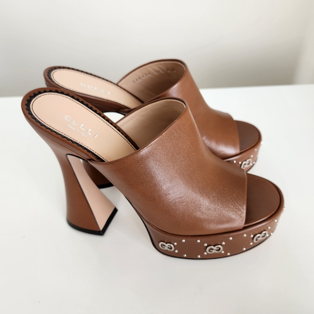 Gucci Studded Platform Mules Slides Sandals, Brown, 39.5